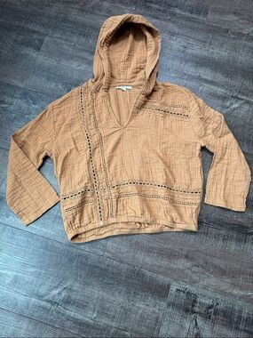 O'Neill Tan Hooded Gauze Pullover with Crochet Trim